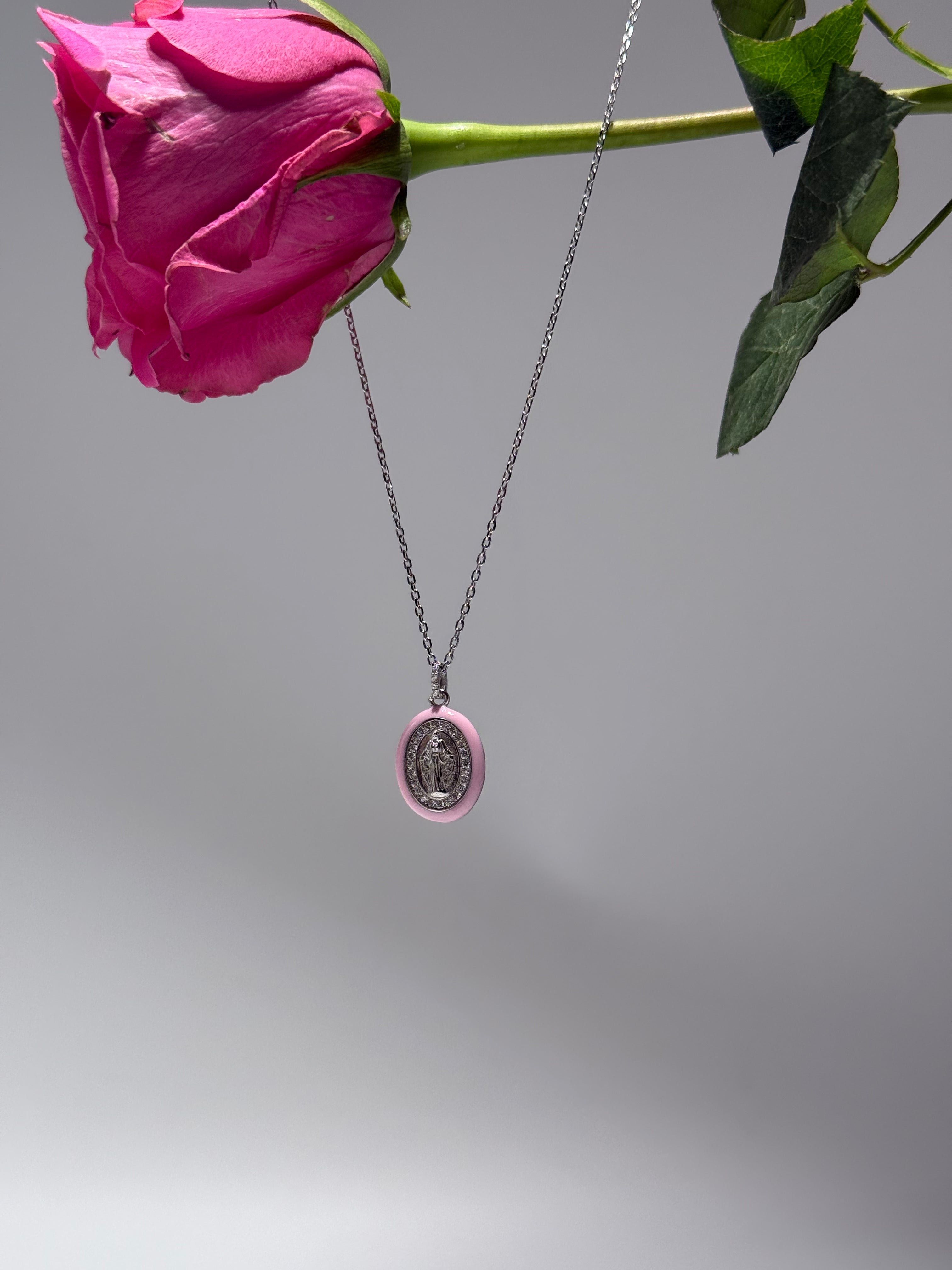 COLLANA MADONNINA MIRACOLOSA SMALTO ROSA IN ARGENTO 925