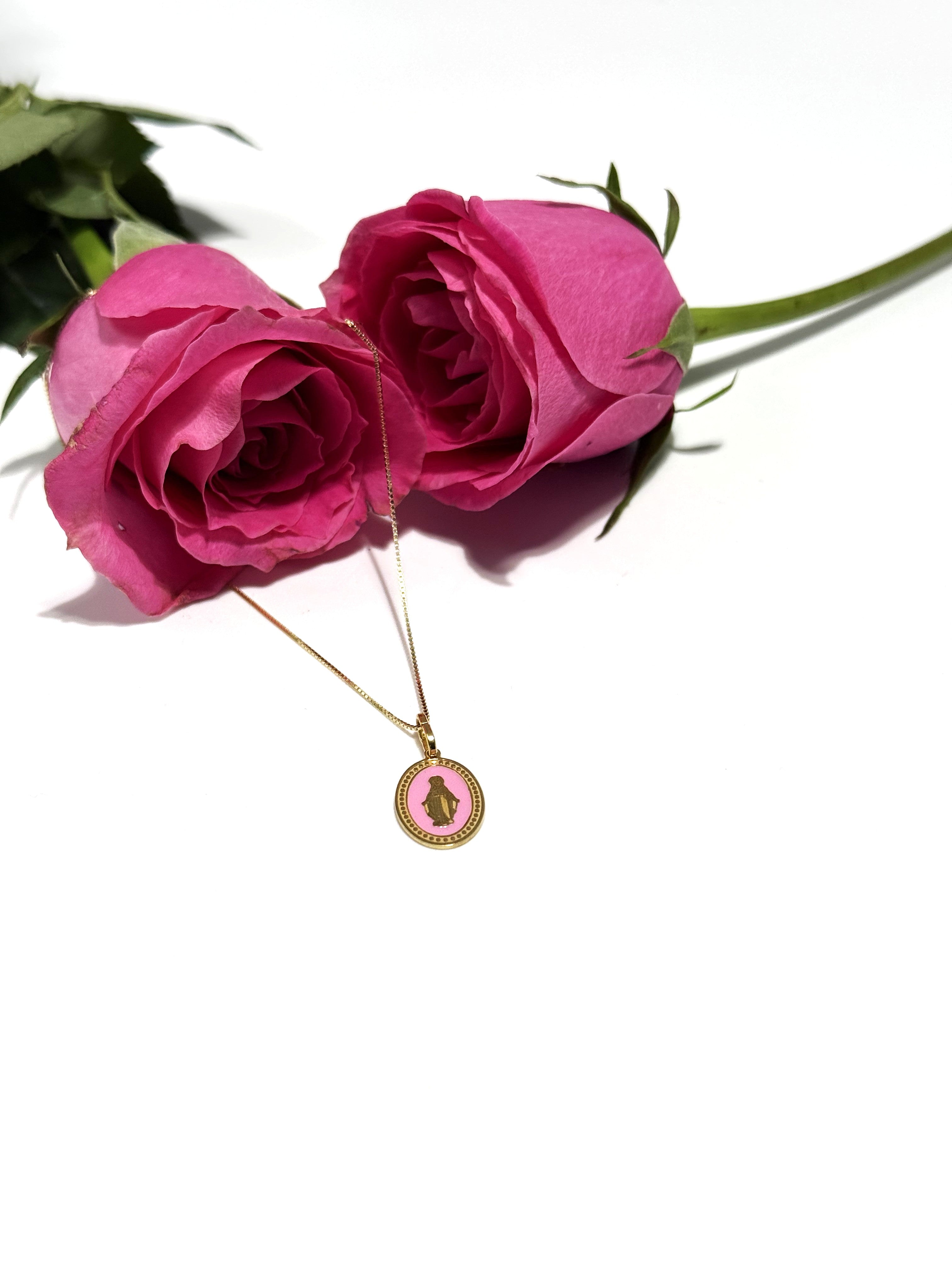 COLLANA MADONNINA MIRACOLOSA GOLD SMALTO ROSA IN ARGENTO 925