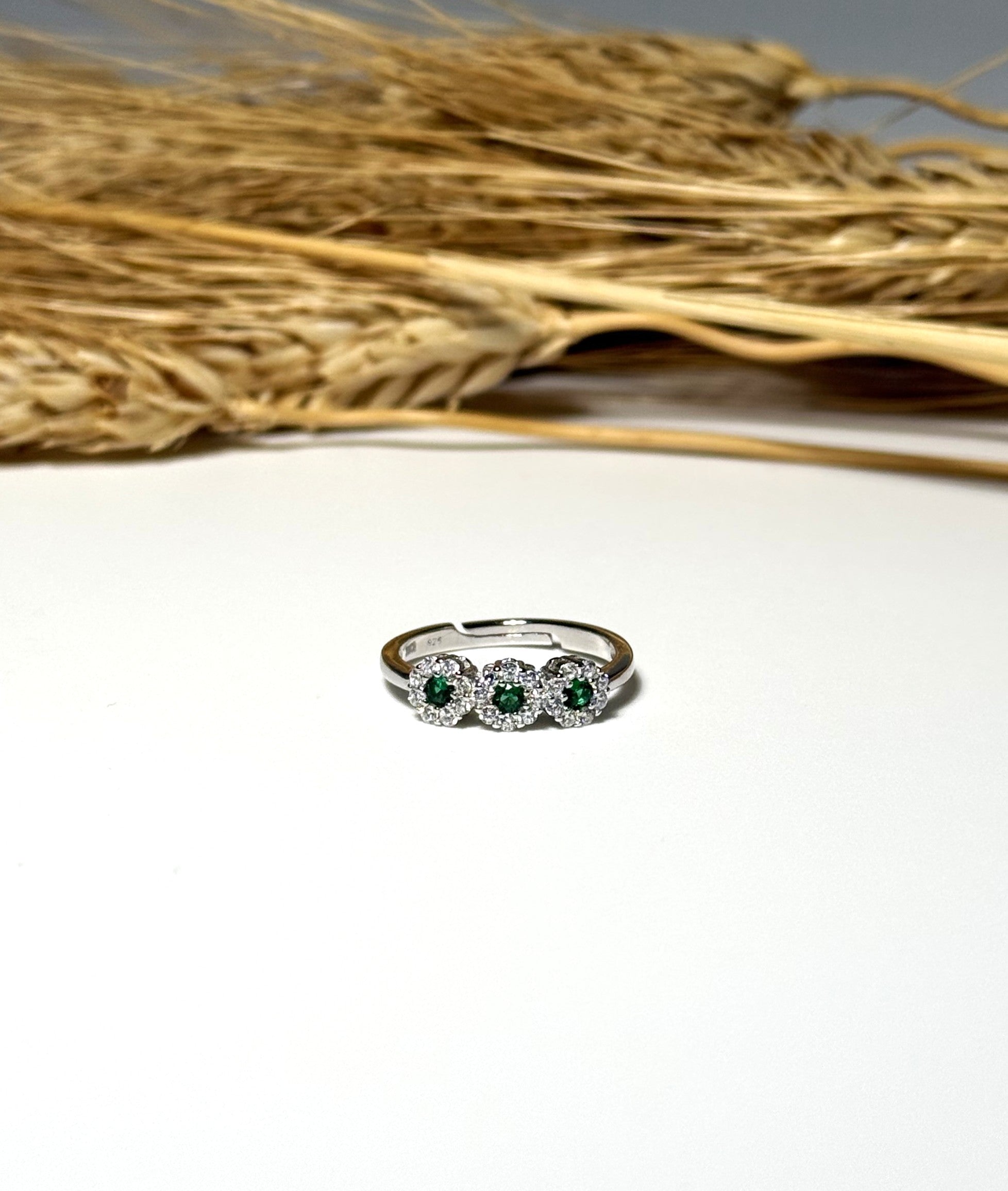 ANELLO TRILOGY FIORI IN ARGENTO 925 E ZIRCONI BIANCHI E VERDI