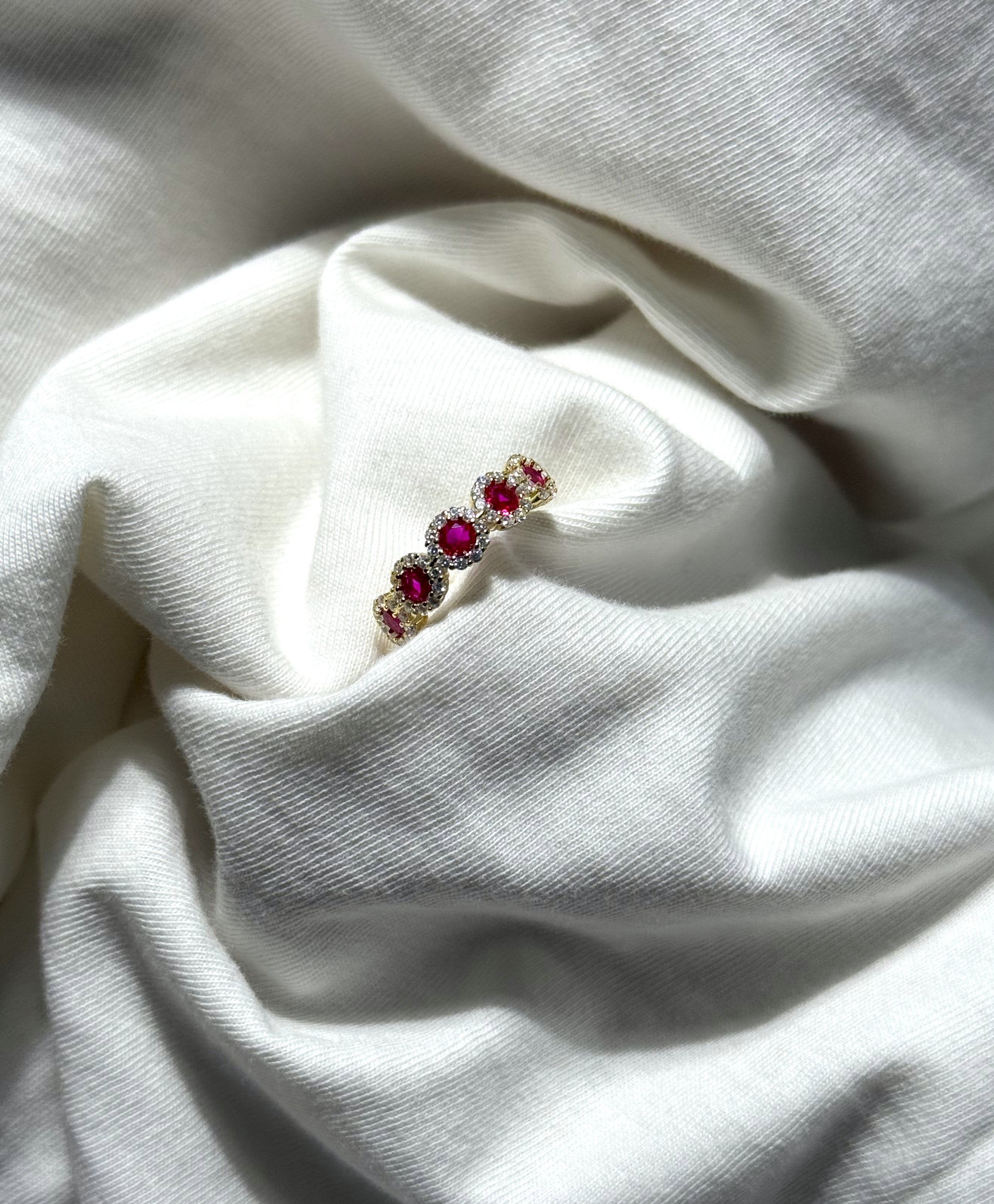 ANELLO SERENA 5 FIORI ARGENTO 925 COL.ORO ZIRCONI MAGENTA