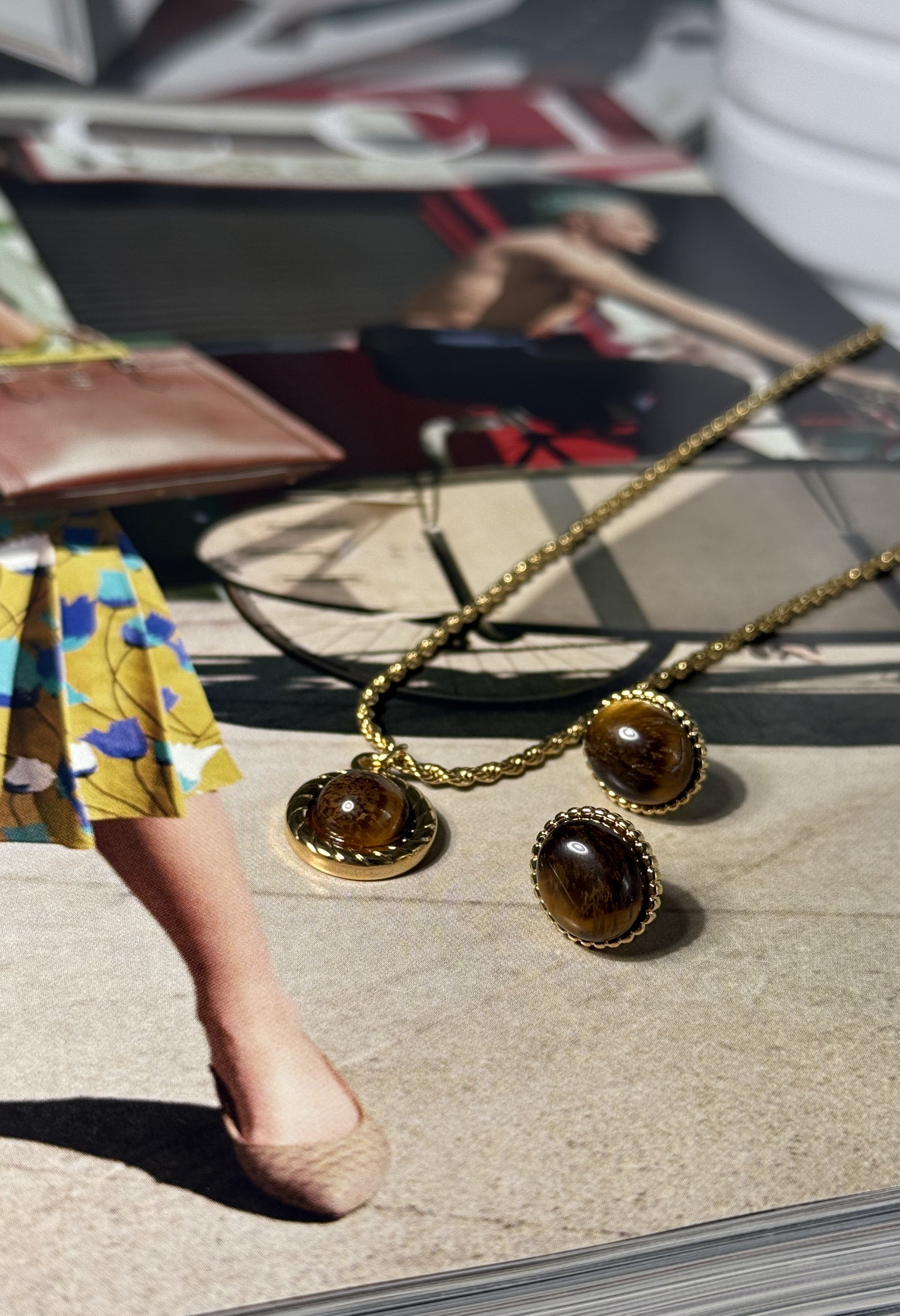 SET COLLANA + ORECCHINO BOTTONE VINTAGE ACCIAIO 304 GOLD