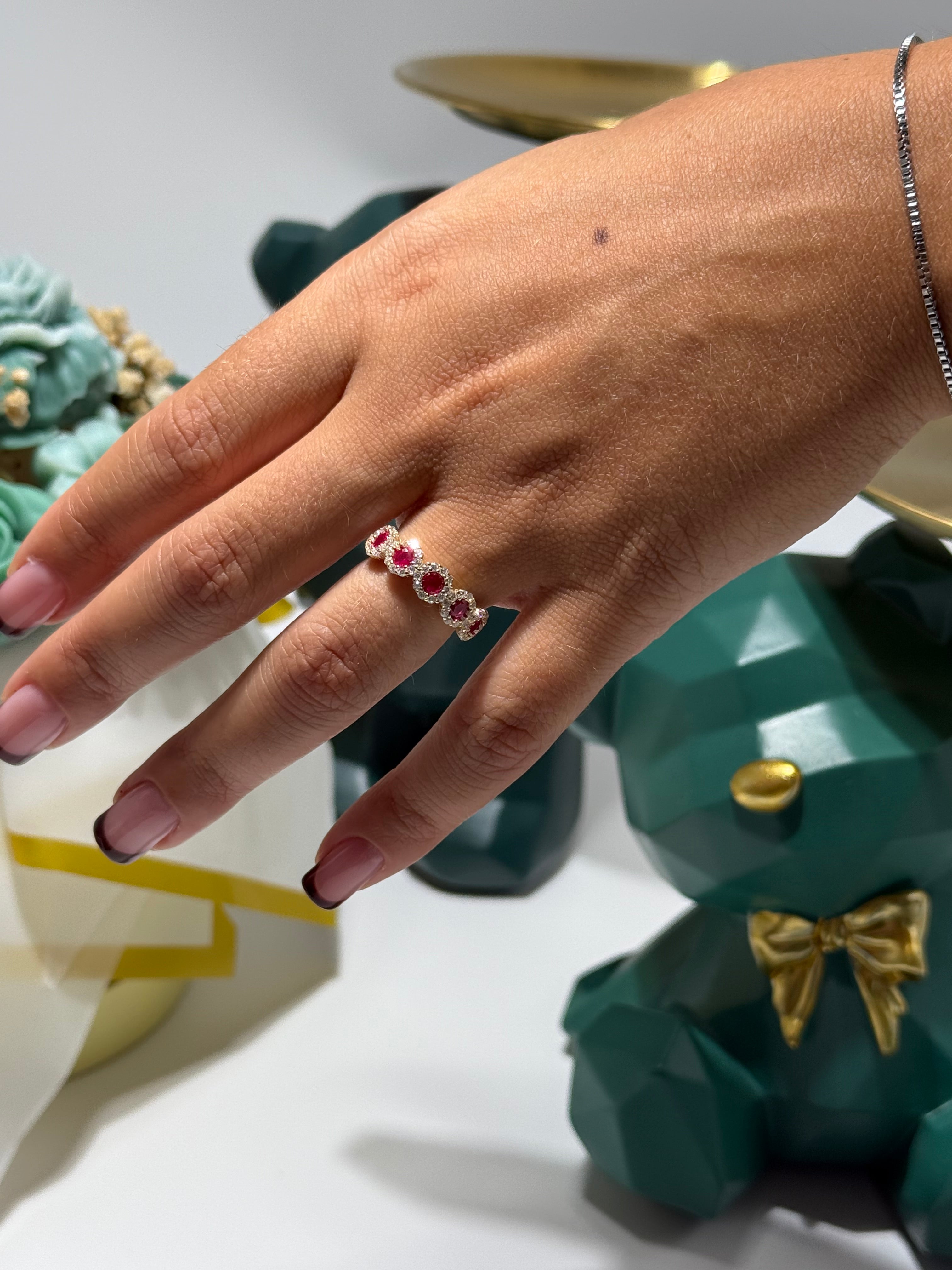 ANELLO SERENA 5 FIORI ARGENTO 925 COL.ORO ZIRCONI MAGENTA